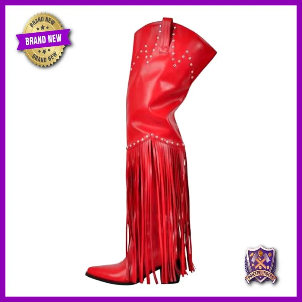 Fringe Tassel Thigh High Over Knee Western Cowboy Boots Wide Calf Stacked Heel
